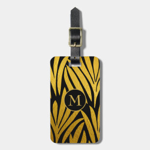 Étiquette À Bagage Élégant Feuille d'Or Fausse Monogramme Noir