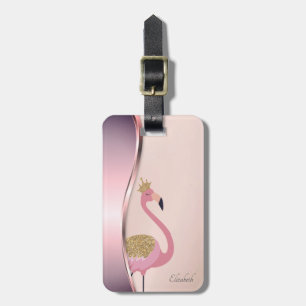 Étiquette À Bagage Élégant Flamant rose moderne métallique rose