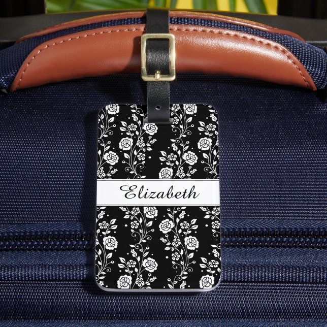 Étiquette À Bagage Élégant Floral Noir Et Blanc (Insitu Rectoal 2)