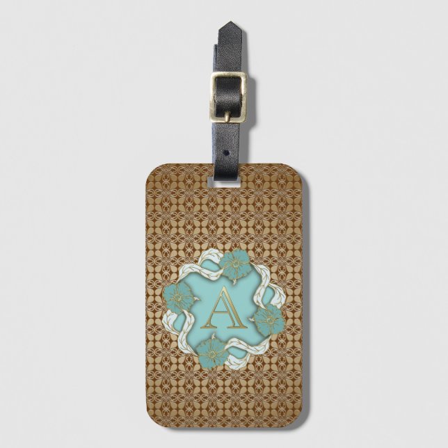 Étiquette À Bagage Élégant Floral Turquoise or lettre A (Devant Vertical)