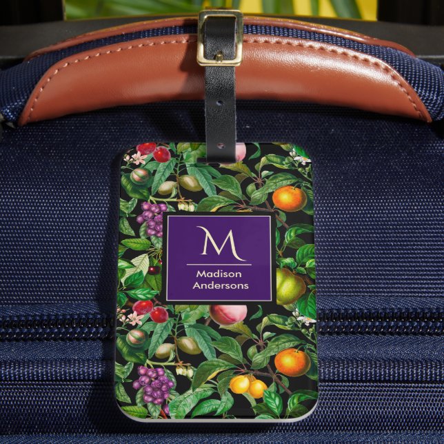 Étiquette À Bagage Elégant fruits tropicaux noir motif monogramme (Insitu Rectoal 2)