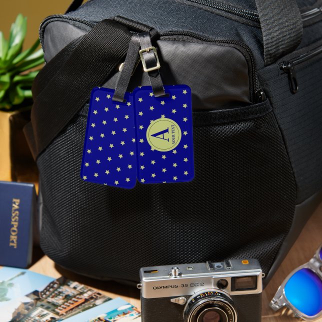 Étiquette À Bagage Elegant Gold & Blue Star Pattern Monogram (Recto & Verso)