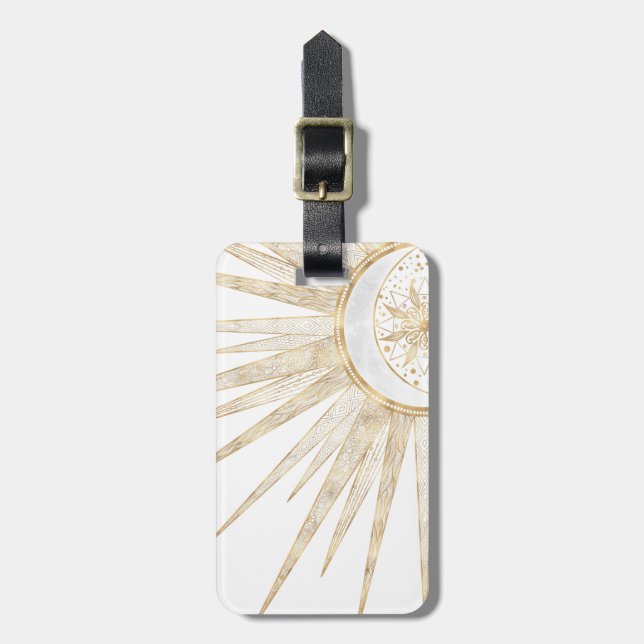 Étiquette À Bagage Elegant Gold Doodles Sun Moon Mandala Design (Devant Vertical)