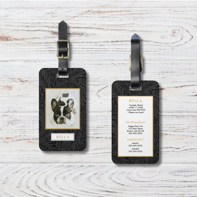 Étiquette À Bagage Élégant Gold Nom de l'animal de compagnie Black Fl (Créateur téléchargé)