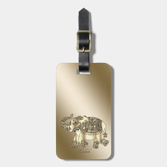 Étiquette À Bagage Elégant Gold Paisley Elephant Personnalisé (Devant Vertical)