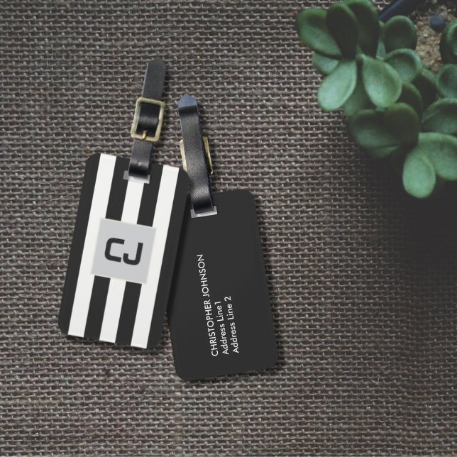 Étiquette À Bagage Élégant Gris Gris Blancs Monogramme (Créateur téléchargé)