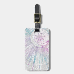Étiquette À Bagage Elegant Iridescent Sun Moon Mandala Silver Design