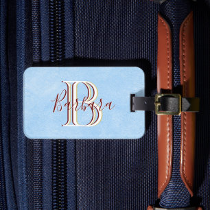 Étiquette À Bagage Elégant look cuir bleu Monogramme Nom
