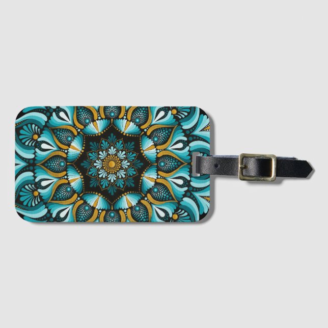 Étiquette À Bagage Elégant Mandala bleu | Boho de géométrie sacrée |  (Devant Horizontal)