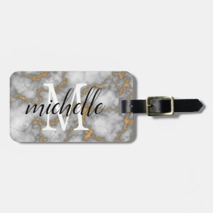 Étiquette À Bagage Elégant marbre blanc or Monogramme personnalisé