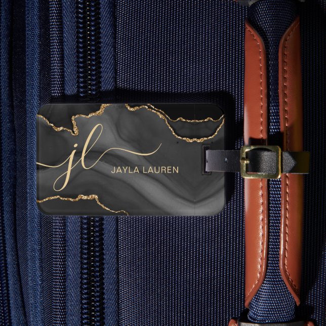 Étiquette À Bagage Élégant marbre noir Agate Monogramme personnalisé (Insitu Rectoal 4)