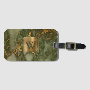 Étiquette À Bagage Élégant Marbre Vert Olive Or Monogramme