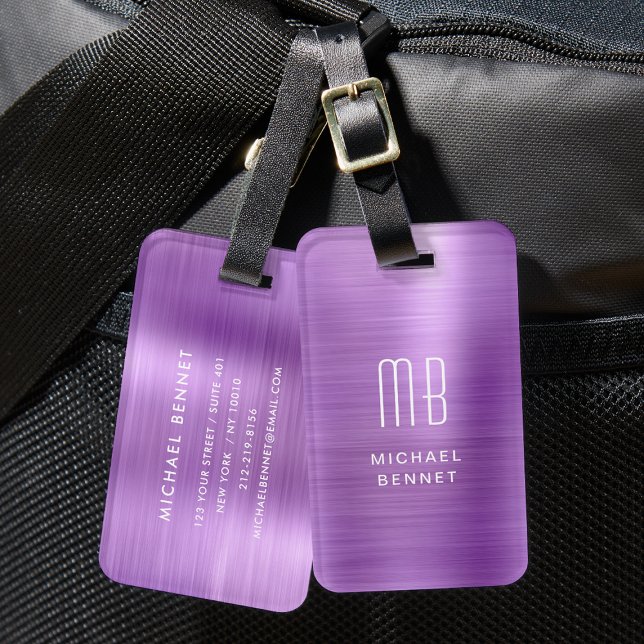 Étiquette À Bagage Élégant Métal brossé violet monogramme (Elegant Monogrammed Purple Brushed Metal Luggage Tag)