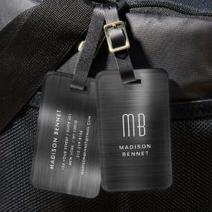Étiquette À Bagage Élégant Métal Noir Brossé Monogrammé