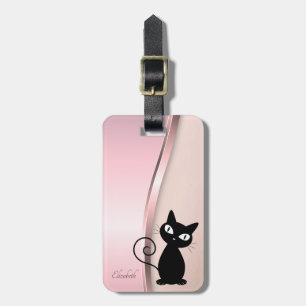 Étiquette À Bagage Élégant métallisé moderne, rose, chat noir