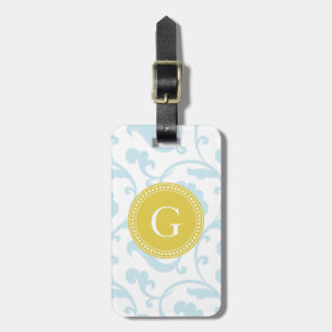 Étiquette À Bagage Élégant modèle floral bleu girly monogramme