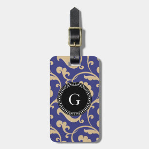 Étiquette À Bagage Élégant modèle floral bleu girly monogramme