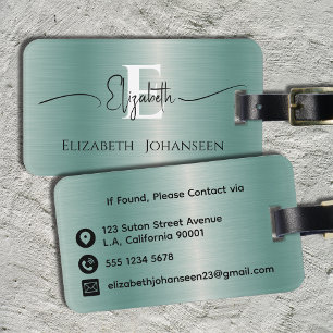 Étiquette À Bagage Élégant Moderne Bleu Brossé Métal Monogramme