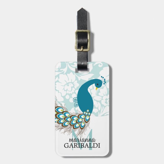 Étiquette À Bagage Elégant moderne Damask Peacock Personnalisé (Devant Vertical)