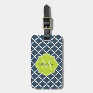 Étiquette À Bagage Élégant Monogram Marine Green Quatrefoil et nom