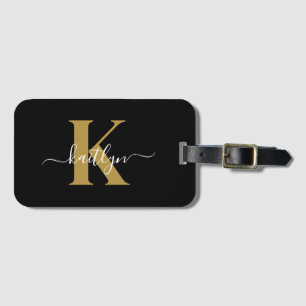 Étiquette À Bagage Élégant Monogramme Black Gold Script
