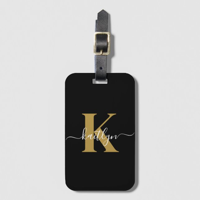 Étiquette À Bagage Élégant Monogramme Black Gold Script (Devant Vertical)