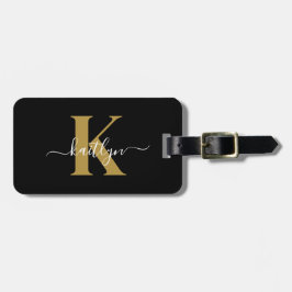 Étiquette À Bagage Élégant Monogramme Black Gold Script