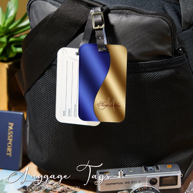 Étiquette À Bagage Élégant Monogramme Blue Gold Metallic (Créateur téléchargé)
