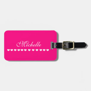 Étiquette À Bagage Élégant Monogramme Coeurs blancs rose vif
