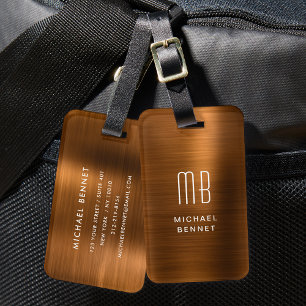 Étiquette À Bagage Élégant Monogramme Cuivre Brown brossé métal