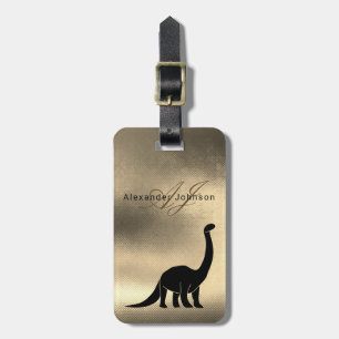 Étiquette À Bagage Élégant Monogramme de dinosaure noir et or
