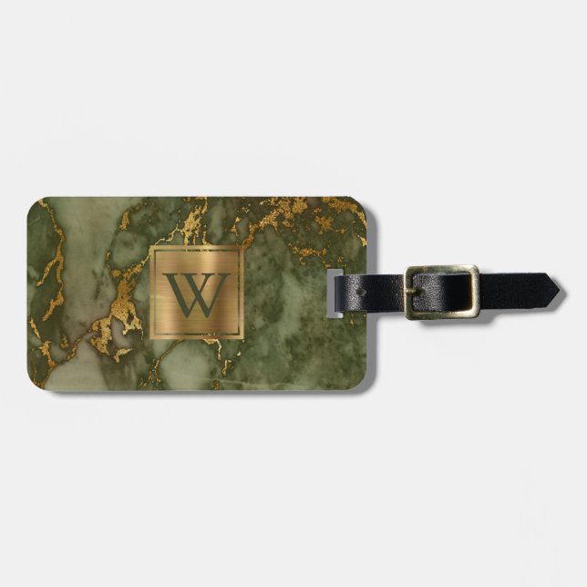 Étiquette À Bagage Élégant Monogramme de marbre vert olive or (Devant horizontal)
