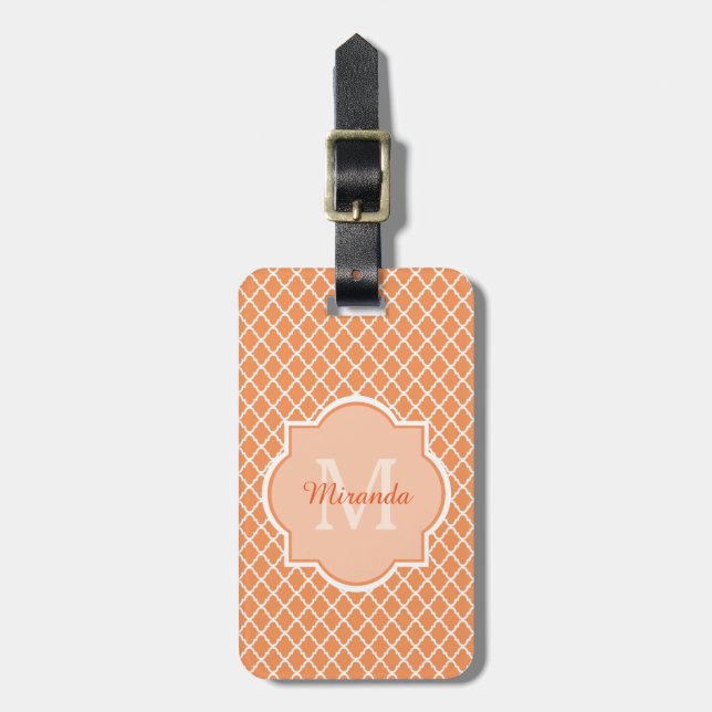 Étiquette À Bagage Élégant Monogramme De Quatrefoil Orange Avec Nom (Devant Vertical)
