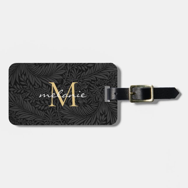 Étiquette À Bagage Élégant Monogramme d'or floral noir (Devant horizontal)