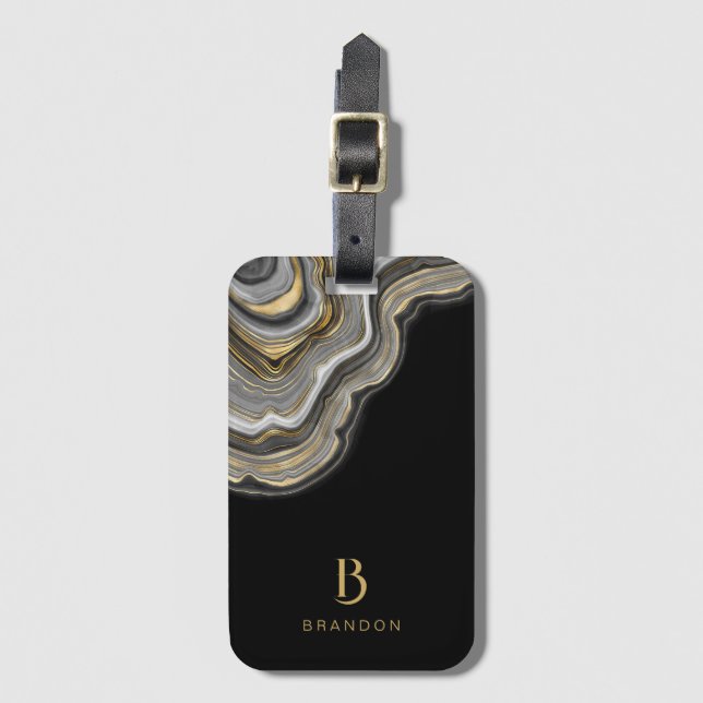 Étiquette À Bagage Élégant Monogramme en marbre noir (Devant Vertical)