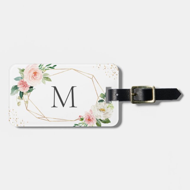 Étiquette À Bagage Élégant Monogramme floral rose pâle géométrique (Devant horizontal)