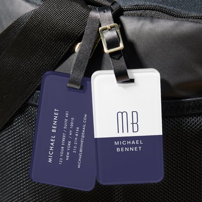 Étiquette À Bagage Élégant Monogramme Marine Bleu (Elegant Monogrammed Navy Blue Luggage Tag)