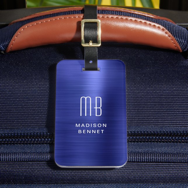 Étiquette À Bagage Élégant Monogramme Marine Bleu Brossé Métal (Insitu Rectoal 2)