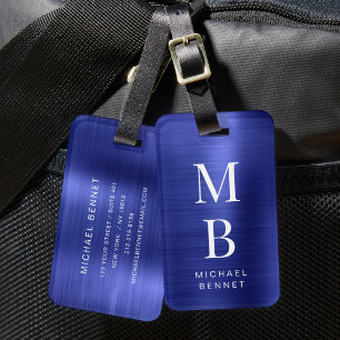 Étiquette À Bagage Élégant Monogramme Marine Bleu Brossé Métal