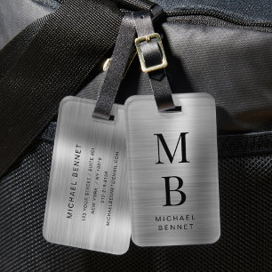 Étiquette À Bagage Élégant Monogramme Métal Brossé Argenté