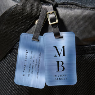 Étiquette À Bagage Élégant Monogramme Métal Brossé Bleu