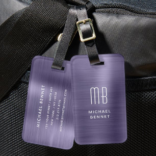 Étiquette À Bagage Élégant Monogramme Métal brossé violet