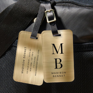 Étiquette À Bagage Élégant Monogrammé Métal Doré Brossé