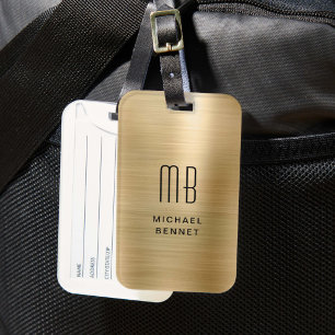 Étiquette À Bagage Élégant Monogrammé Métal Doré Brossé
