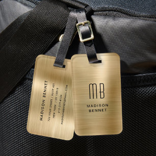 Étiquette À Bagage Élégant Monogrammé Métal Doré Brossé