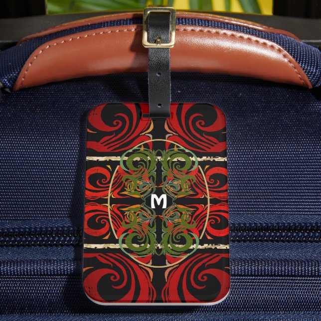 Étiquette À Bagage Élégant Monogramme Motif rouge et vert (Insitu Rectoal 2)