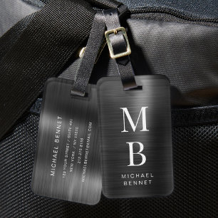 Étiquette À Bagage Élégant Monogramme Noir brossé Métallique