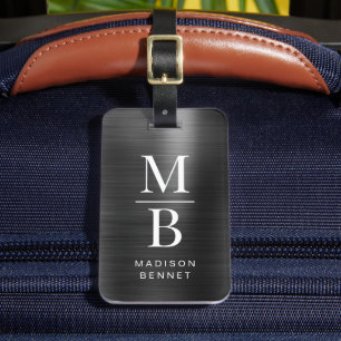 Étiquette À Bagage Élégant Monogramme Noir brossé Métallique