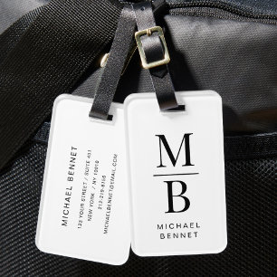 Étiquette À Bagage Élégant Monogramme noir et blanc