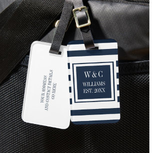 Étiquette À Bagage Élégant Monogramme Nom de famille Marine Blue Stri